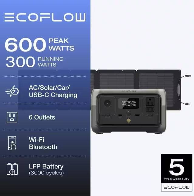 EcoFlow 300W Output/600W Peak Push-Button Start Solar Generator RIVER 2 with 110W Solar Panel for Home Backup Power, Camping, RVs EcoFlow 300W Output/600W Peak Push-Button Start Solar Generator RIVER 2 with 110W Solar Panel for Home Backup Power, Camping, RVs
