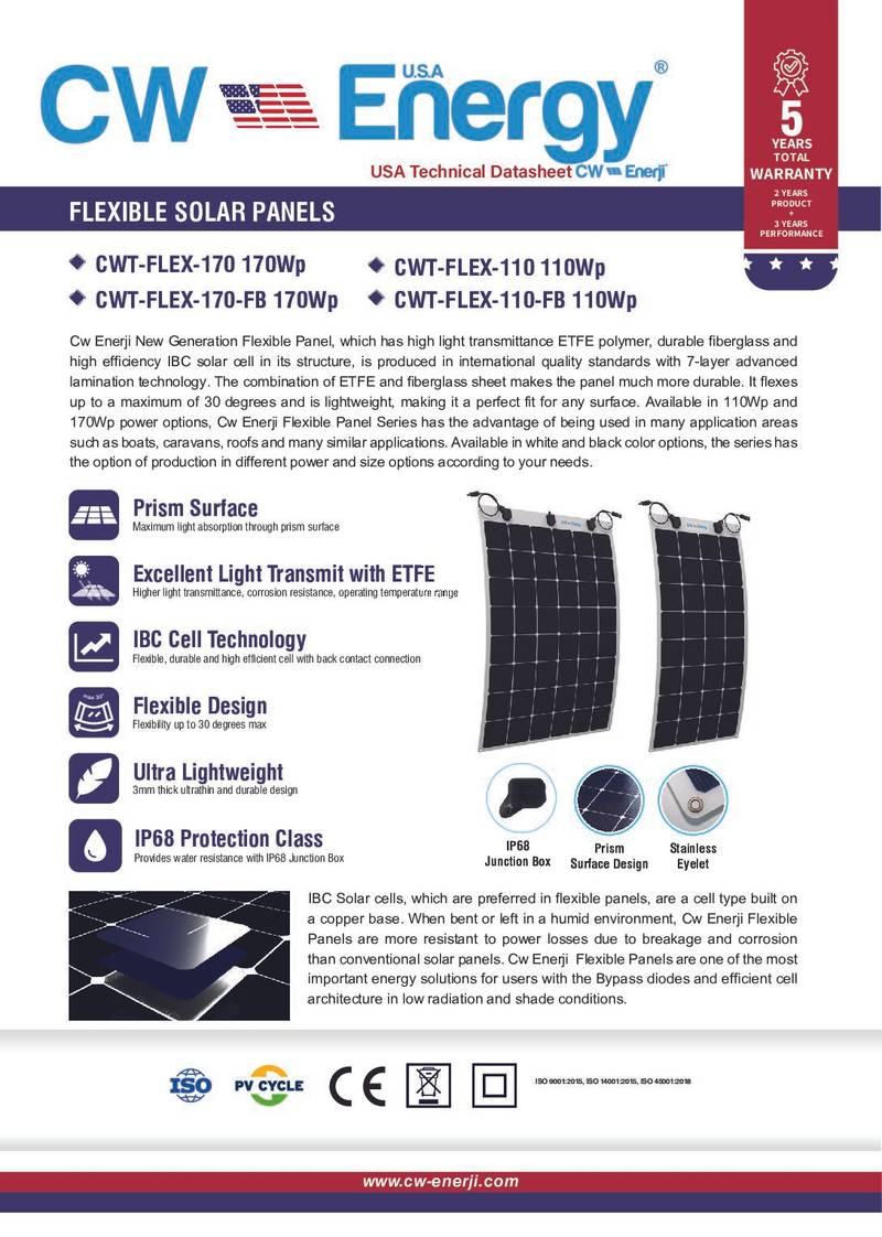 Cw Enerji Flexible 170W Solar Panels