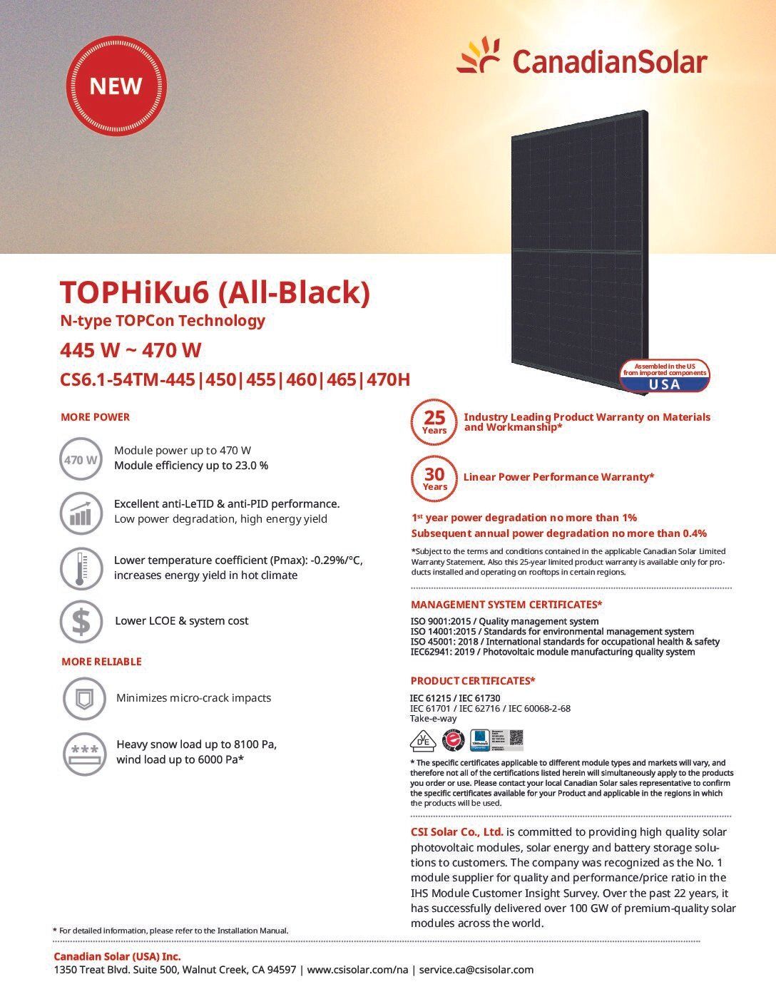 6540_110-2012 Spec Sheet Canadian Solar TOPHiKu6 CS6.1-54TM-450H 450W Black on Black 108 Half-Cell Mono Solar Panel N-Type TOPCon