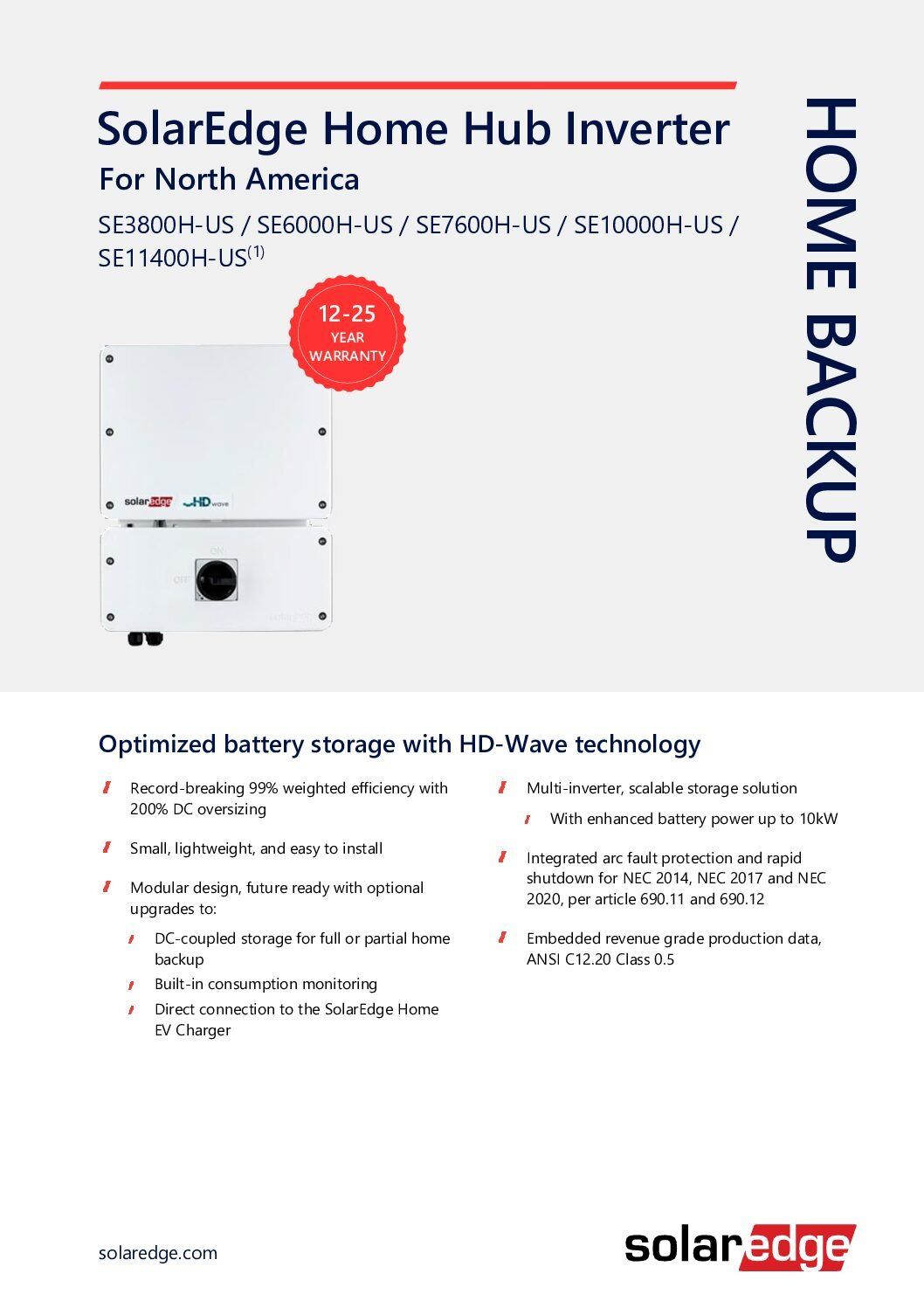 SolarEdge Energy Hub HD-Wave SE7600H-USMNUBL15 7.6kW 1-Ph Inverter