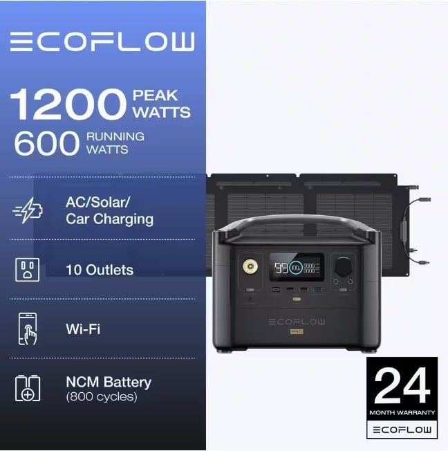 EcoFlow 600W Output/1200W Peak Push-Button Start Solar Generator RIVER Pro with 110W Solar Panels 2 for Home, Camping and RVs EcoFlow 600W Output/1200W Peak Push-Button Start Solar Generator RIVER Pro with 110W Solar Panels 2 for Home, Camping and RVs