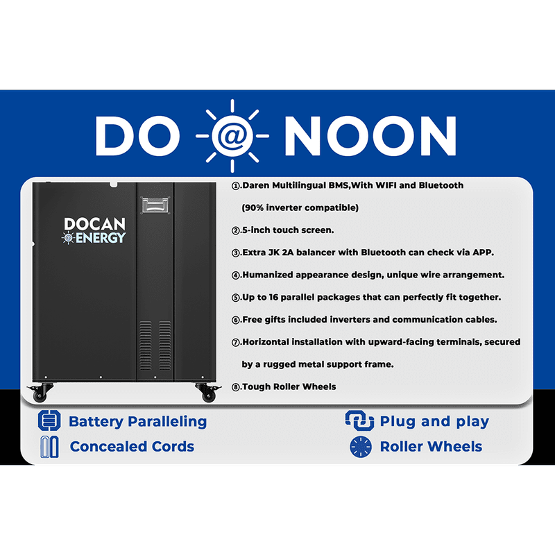 DOCAN ENERGY DO-NOON Technical Specifications DOCAN ENERGY DO-NOON features including smart BMS, Wi-Fi, Bluetooth, touchscreen, active balancing and parallel capability