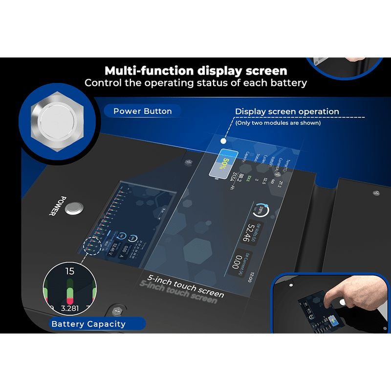 DOCAN ENERGY DO-NOON Touchscreen Display DOCAN ENERGY DO-NOON 5-inch touchscreen showing battery capacity, voltage, current and operating status