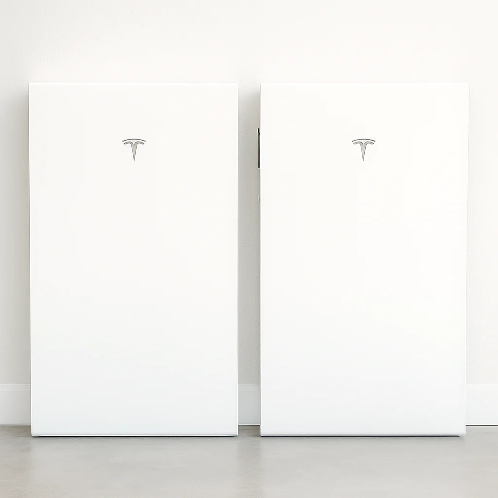 Powerwall 3 Expansion. Expansion battery shown stacked with full Tesla energy system