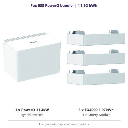 Fox ESS PowerQ 11.4kW Bundle with Three EQ4000 Batteries Fox ESS PowerQ bundle contents: one 11.4kW hybrid inverter and three EQ4000 3.97kWh battery modules, 11.92 kWh total