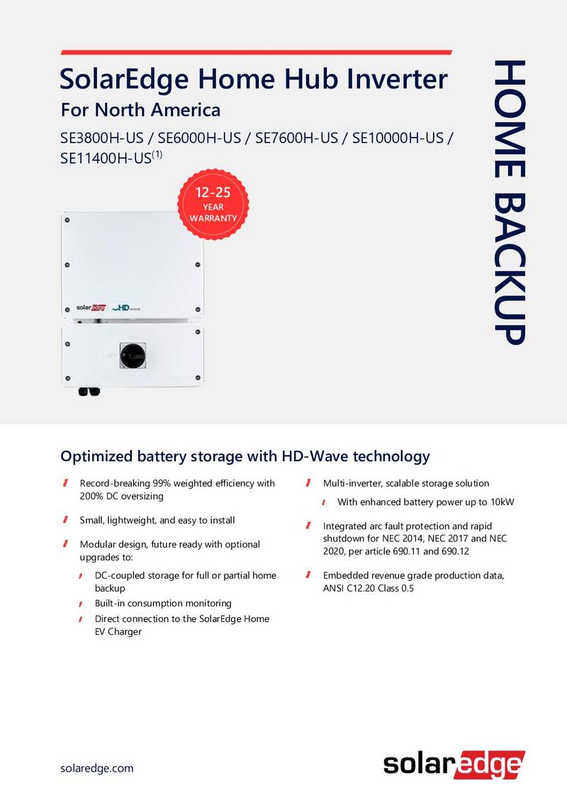 SolarEdge Energy Hub HD-Wave SE7600H-USMNUBL15 7.6kW 1-Ph Inverter