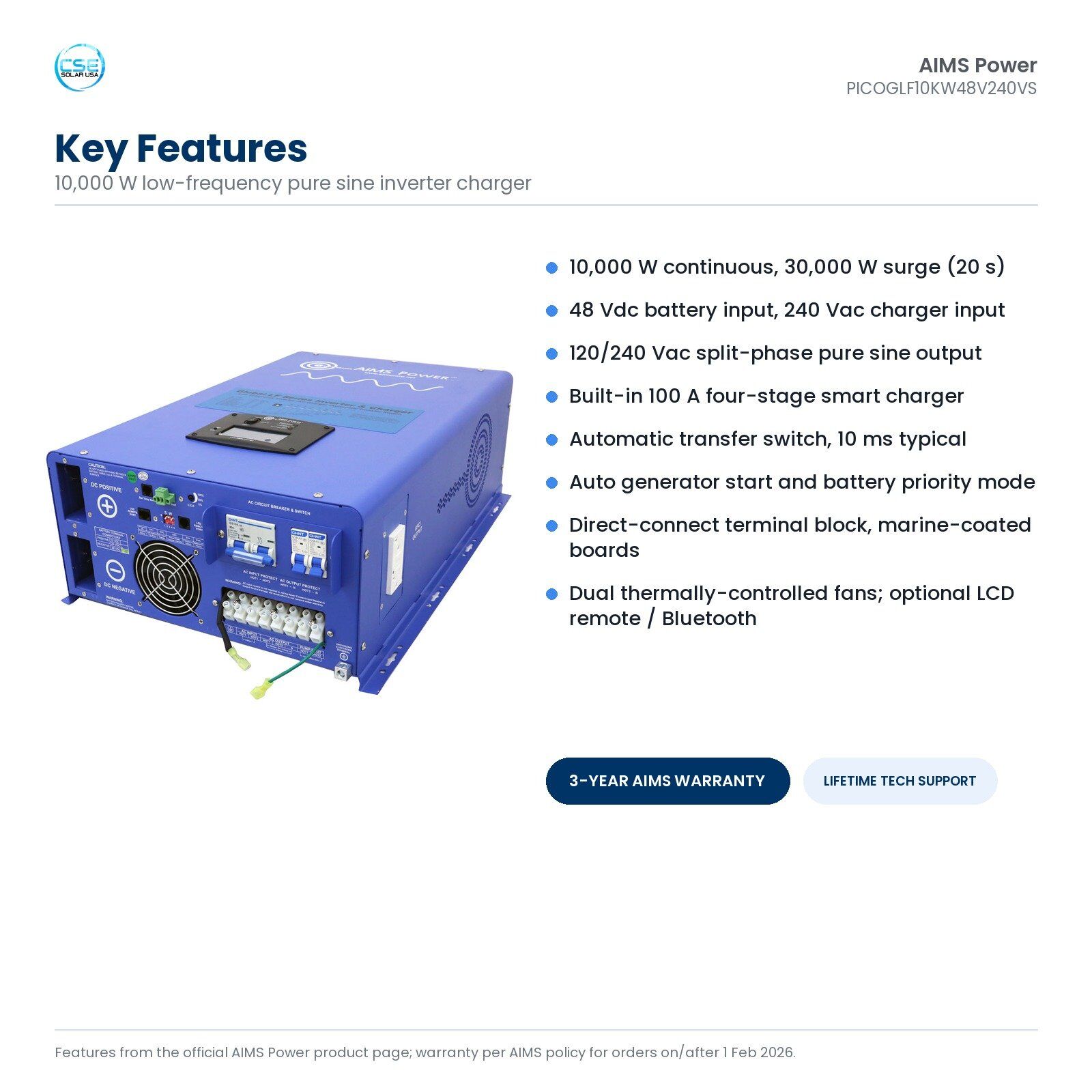 aims-picoglf10kw48v240vs-10000w-48v-split-phase-inverter-charger-02-key-features Key features of the AIMS PICOGLF10KW48V240VS: 10,000 W continuous, 30,000 W surge, 48 Vdc input, 120/240 Vac split phase output, 100 A charger, transfer switch