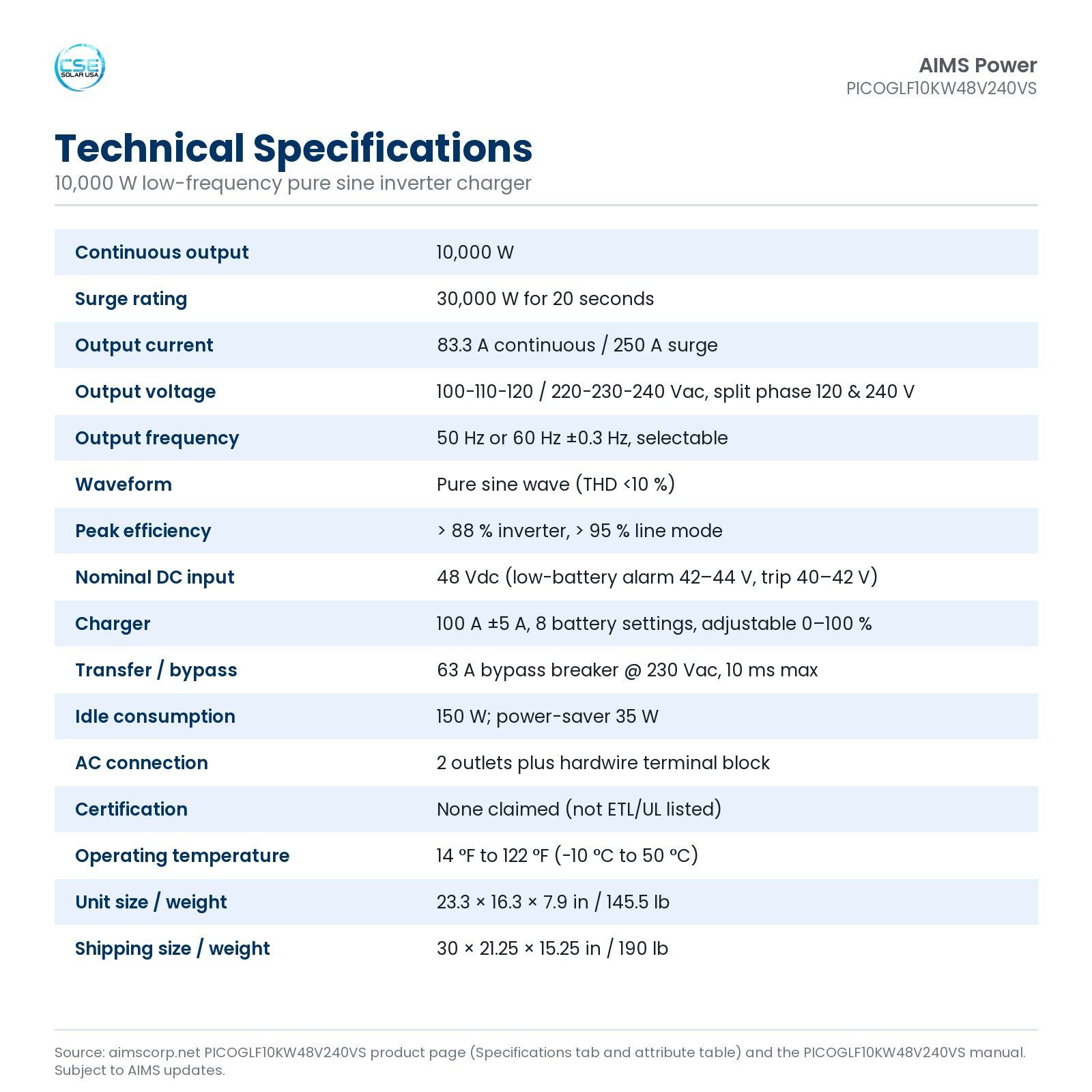 aims-picoglf10kw48v240vs-10000w-48v-split-phase-inverter-charger-03-specifications Technical specifications table for the AIMS PICOGLF10KW48V240VS 10,000 W low-frequency pure sine inverter charger