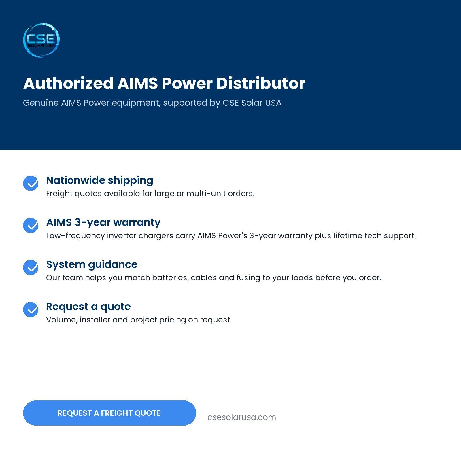 aims-picoglf10kw48v240vs-10000w-48v-split-phase-inverter-charger-08-cse-authorized-distributor CSE Solar USA is an authorized AIMS Power distributor: nationwide shipping, freight quotes, AIMS 3 year warranty and lifetime tech support — AIMS PICOGLF10KW48V240VS listing