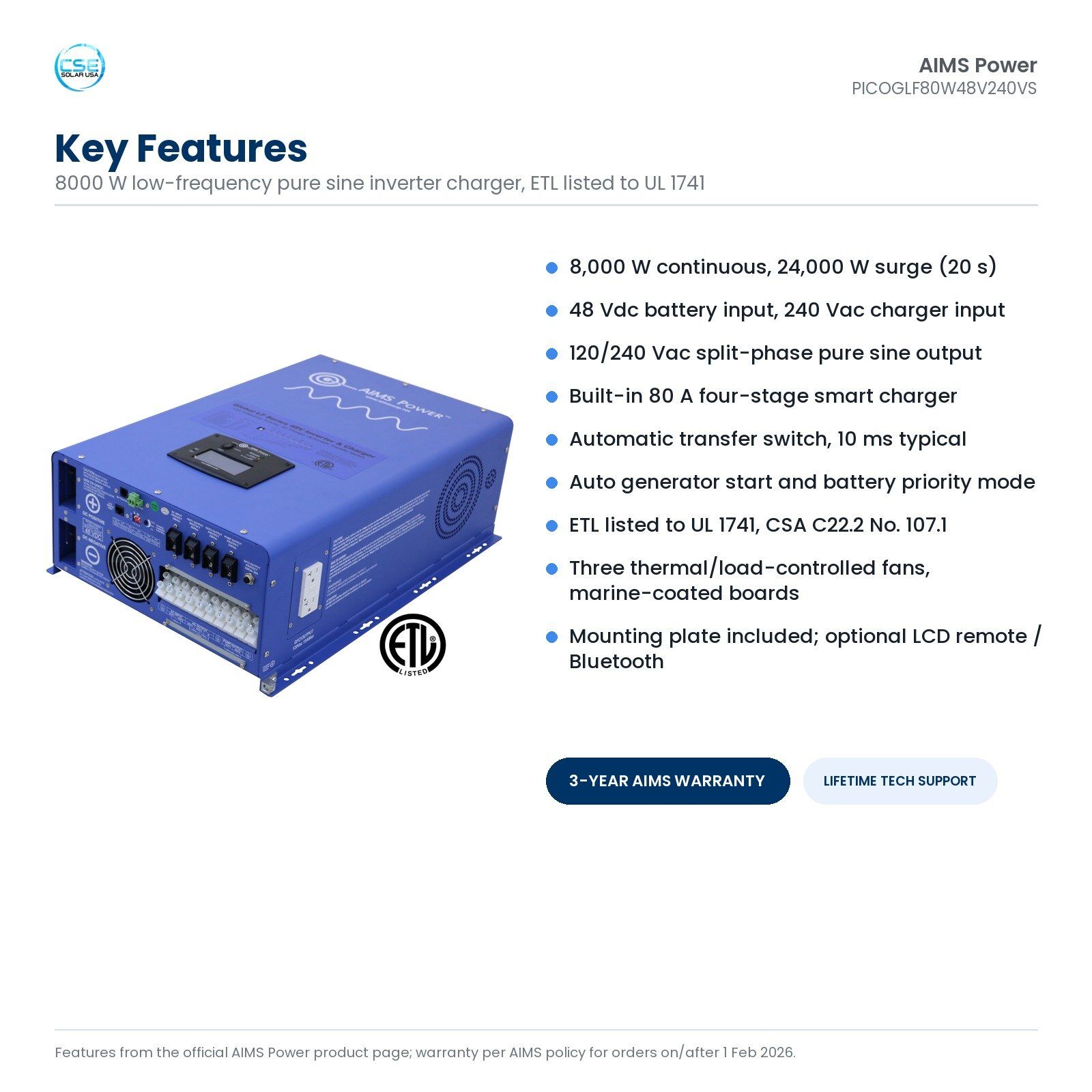 aims-picoglf80w48v240vs-8000w-48v-split-phase-inverter-charger-etl-02-key-features Key features of the AIMS PICOGLF80W48V240VS: 8,000 W continuous, 24,000 W surge, 48 Vdc input, 120/240 Vac split phase output, 80 A charger, transfer switch