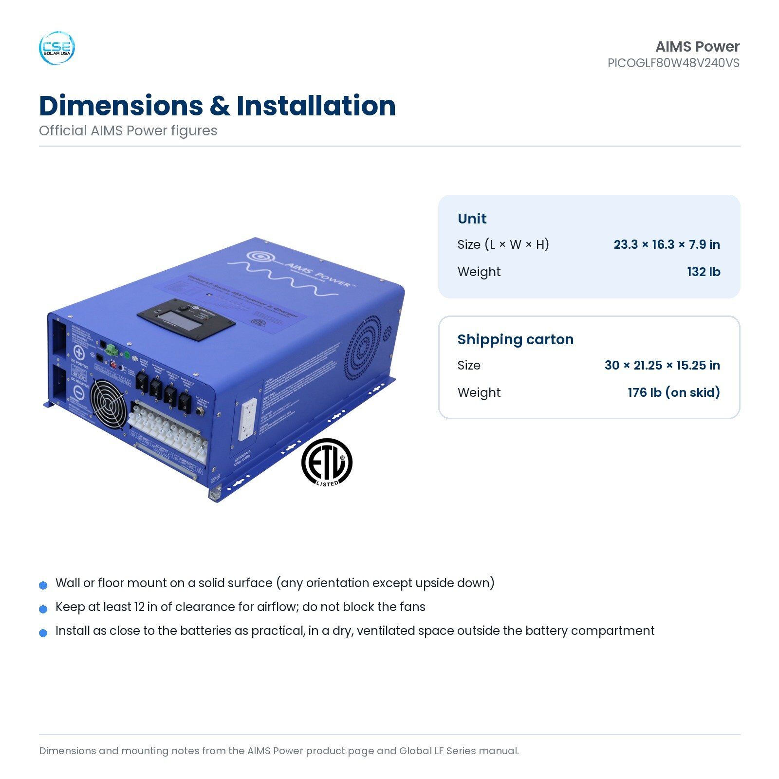 aims-picoglf80w48v240vs-8000w-48v-split-phase-inverter-charger-etl-07-dimensions Dimensions of the AIMS PICOGLF80W48V240VS inverter charger: 23.3 × 16.3 × 7.9 in / 132 lb; shipping carton 30 × 21.25 × 15.25 in / 176 lb (on skid)