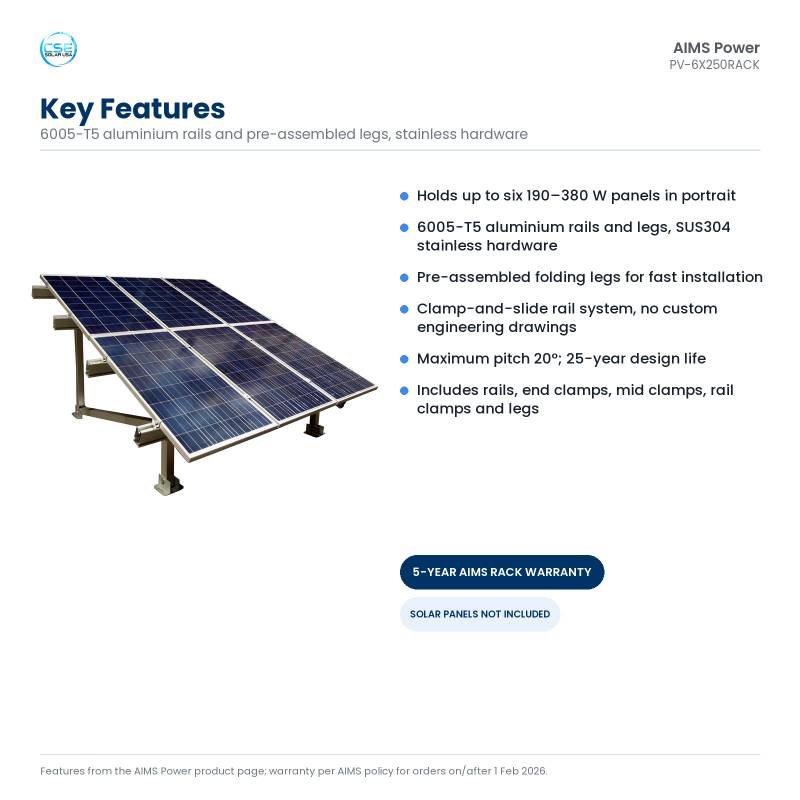 aims-pv-6x250rack-ground-mount-solar-rack-6-panels-190-380w-02-key-features Key features of the AIMS PV-6X250RACK ground mount: six 190 to 380 W panels, aluminium and stainless construction, pre-assembled legs, 20 degree pitch