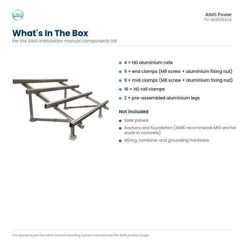 aims-pv-6x250rack-ground-mount-solar-rack-6-panels-190-380w-06-whats-included What is included with the AIMS PV-6X250RACK: four rails, end clamps, mid clamps, rail clamps and two pre-assembled legs; solar panels and anchors not included
