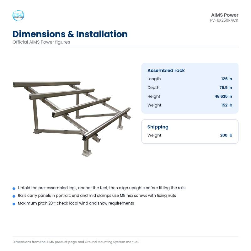 aims-pv-6x250rack-ground-mount-solar-rack-6-panels-190-380w-07-dimensions Dimensions of the AIMS PV-6X250RACK ground mount: 126 by 75.5 by 48.6 inches, 152 lb, 200 lb shipping