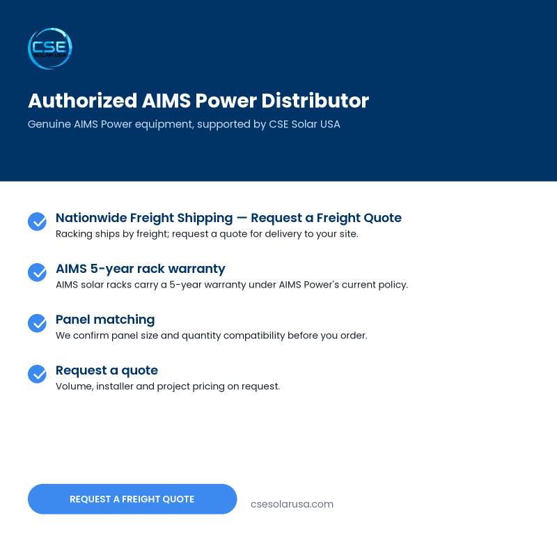 aims-pv-6x250rack-ground-mount-solar-rack-6-panels-190-380w-08-cse-authorized-distributor CSE Solar USA is an authorized AIMS Power distributor: nationwide freight shipping, freight quotes, AIMS 5 year rack warranty — AIMS PV-6X250RACK listing
