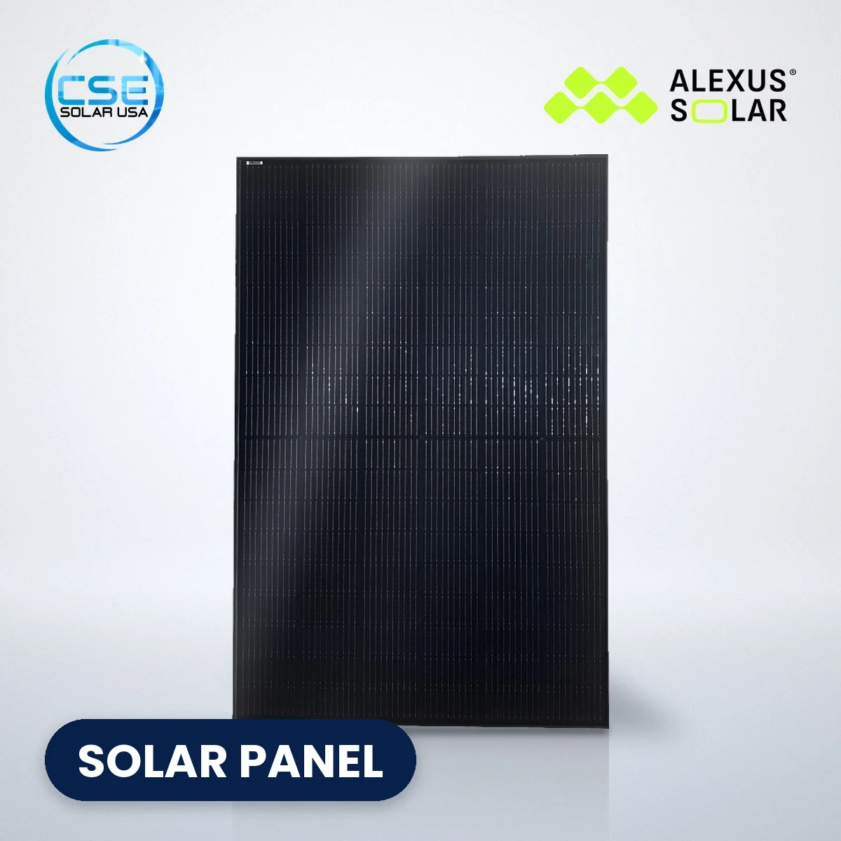 Alexus ALEX-B-54-S full-black solar panel – panel listing Alexus ALEX-B-54-S full-black solar panel, with CSE Solar USA and Alexus Solar logos