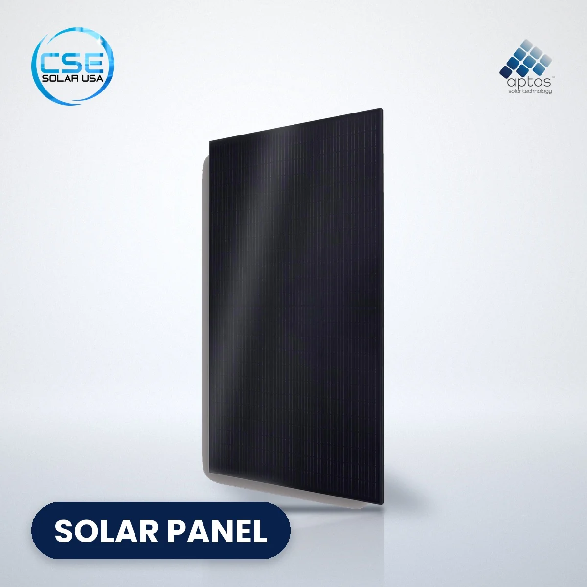 Aptos DNA-120-BF10 all-black solar panel – panel listing Aptos DNA-120-BF10 all-black solar panel, with CSE Solar USA and Aptos Solar logos