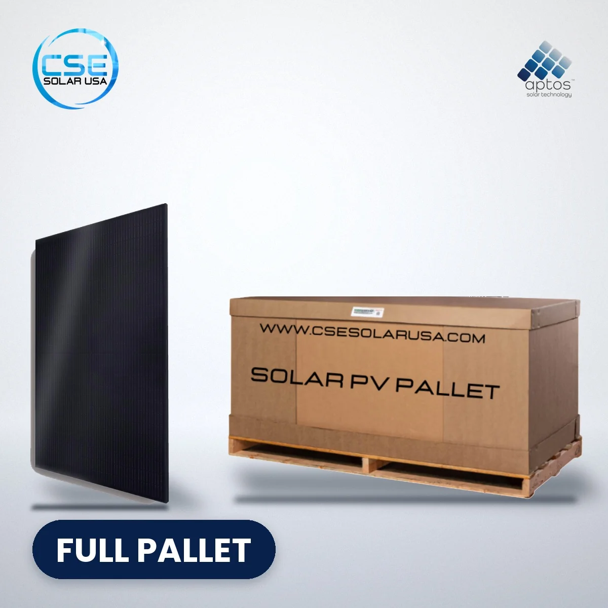 Aptos DNA-144-BF10-DG all-black solar panel – full pallet Aptos DNA-144-BF10-DG all-black solar panel beside a full pallet carton, with CSE Solar USA and Aptos Solar logos