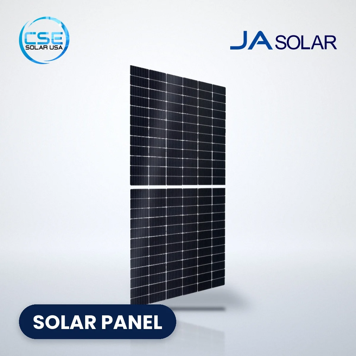 JA Solar JAM72D30/MB bifacial solar panel JA Solar JAM72D30/MB bifacial solar panel with CSE Solar USA and JA Solar logos