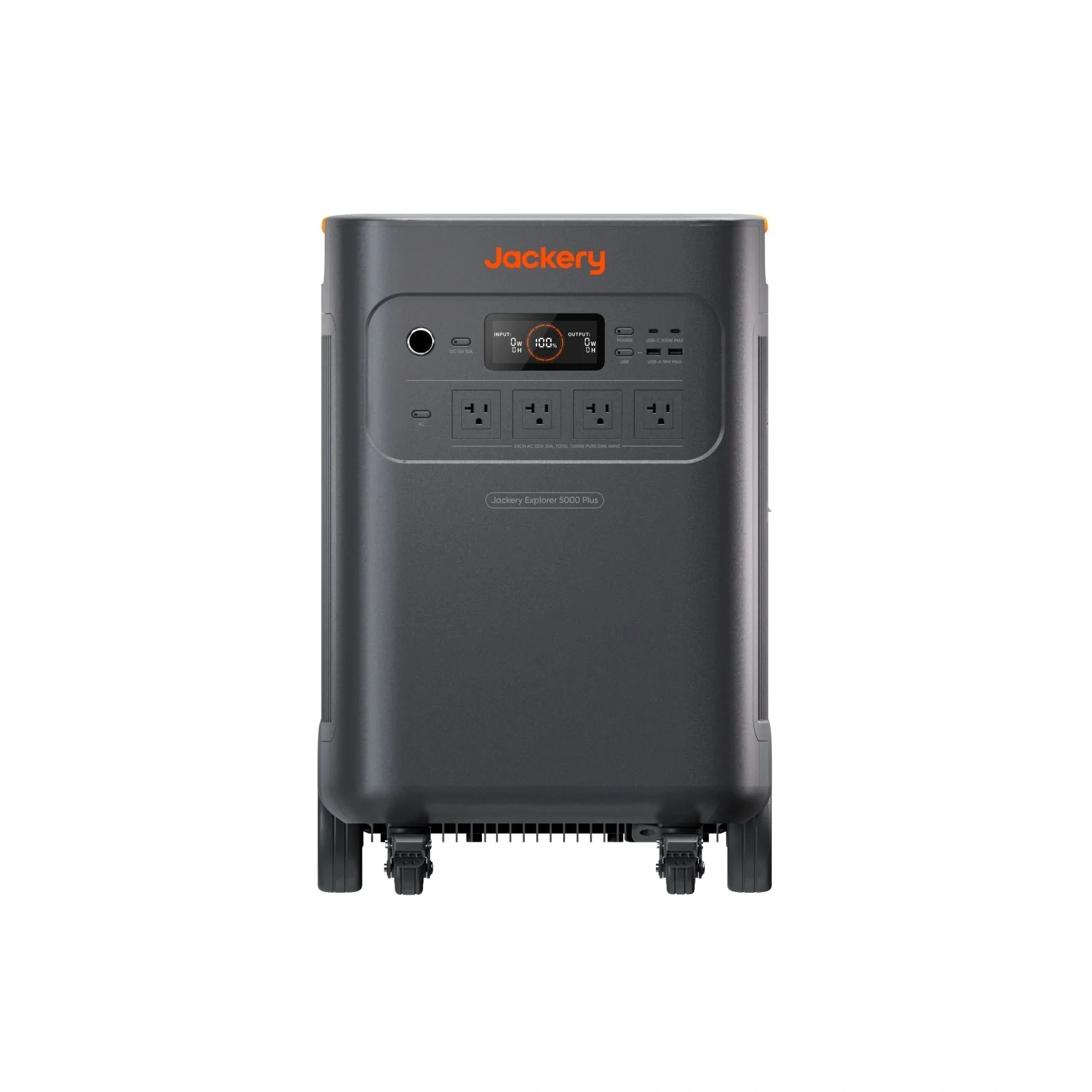 Jackery Explorer 5000 Plus – front view with output ports Jackery Explorer 5000 Plus portable power station front view showing AC, USB-C, USB-A and NEMA output ports
