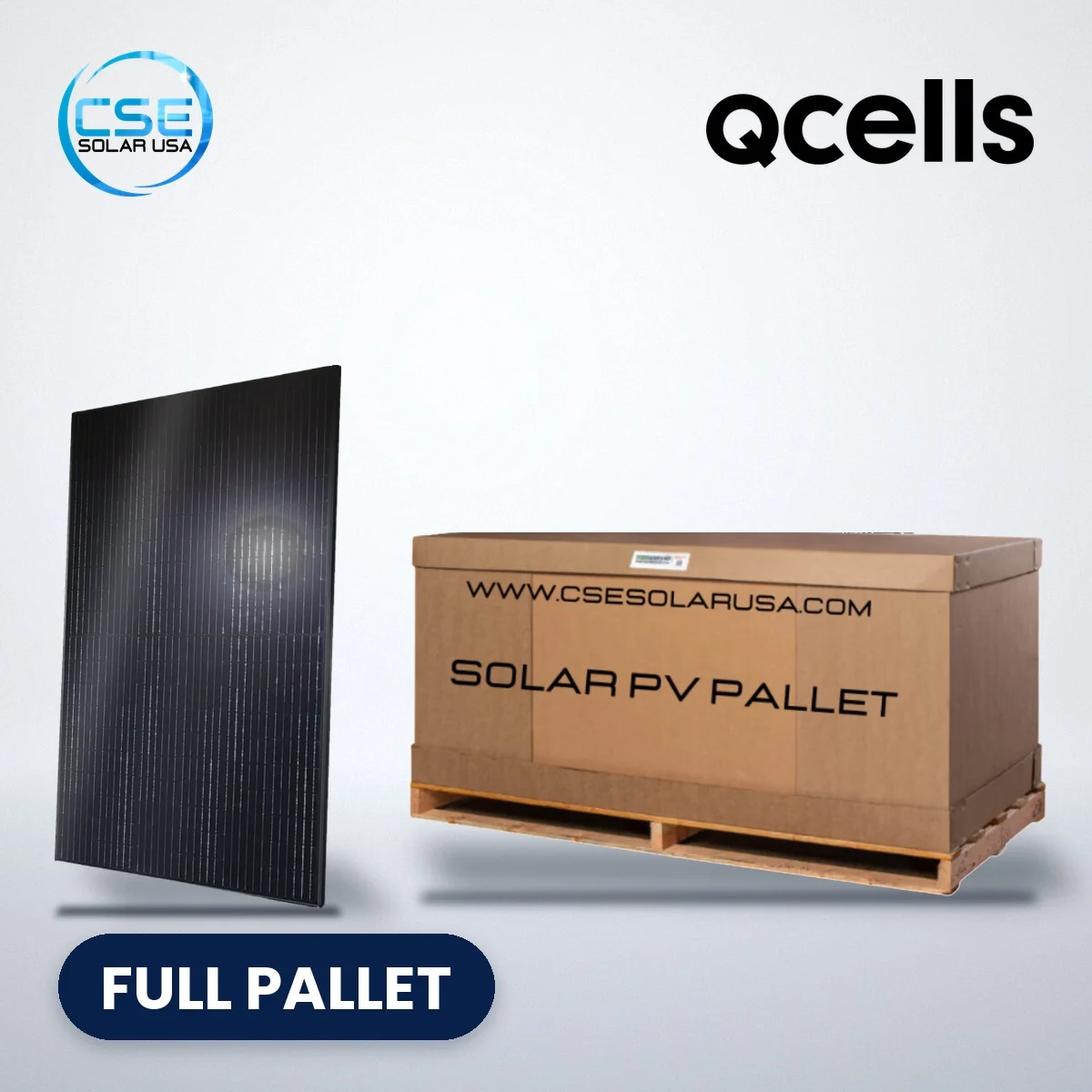 Qcells Q.PEAK DUO BLK ML-G10+ series all-black solar panel – full pallet Qcells Q.PEAK DUO BLK ML-G10+ series all-black solar panel beside a full pallet carton, with CSE Solar USA and Qcells logos