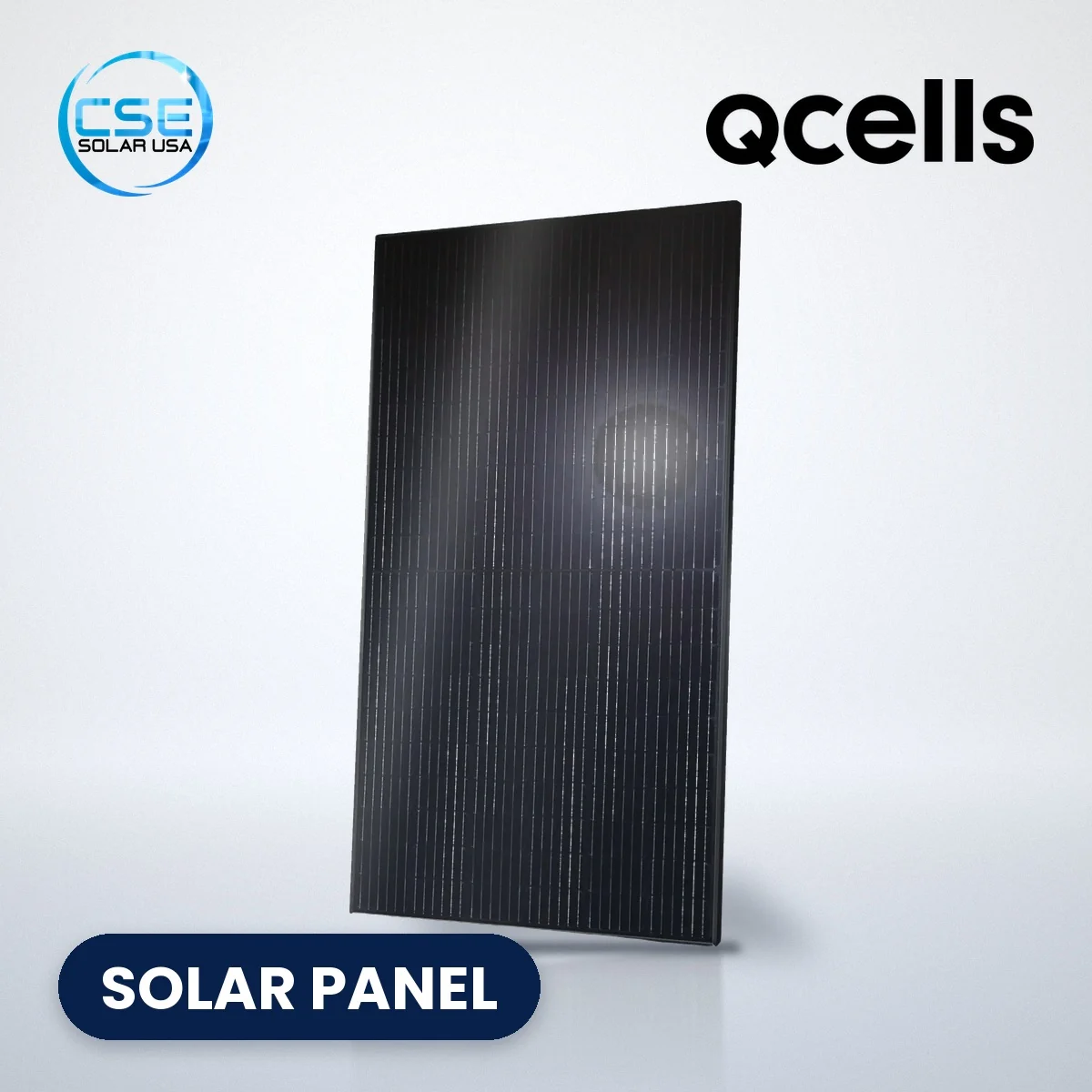 Qcells Q.PEAK DUO BLK ML-G10+ series all-black solar panel – panel listing Qcells Q.PEAK DUO BLK ML-G10+ series all-black solar panel, with CSE Solar USA and Qcells logos