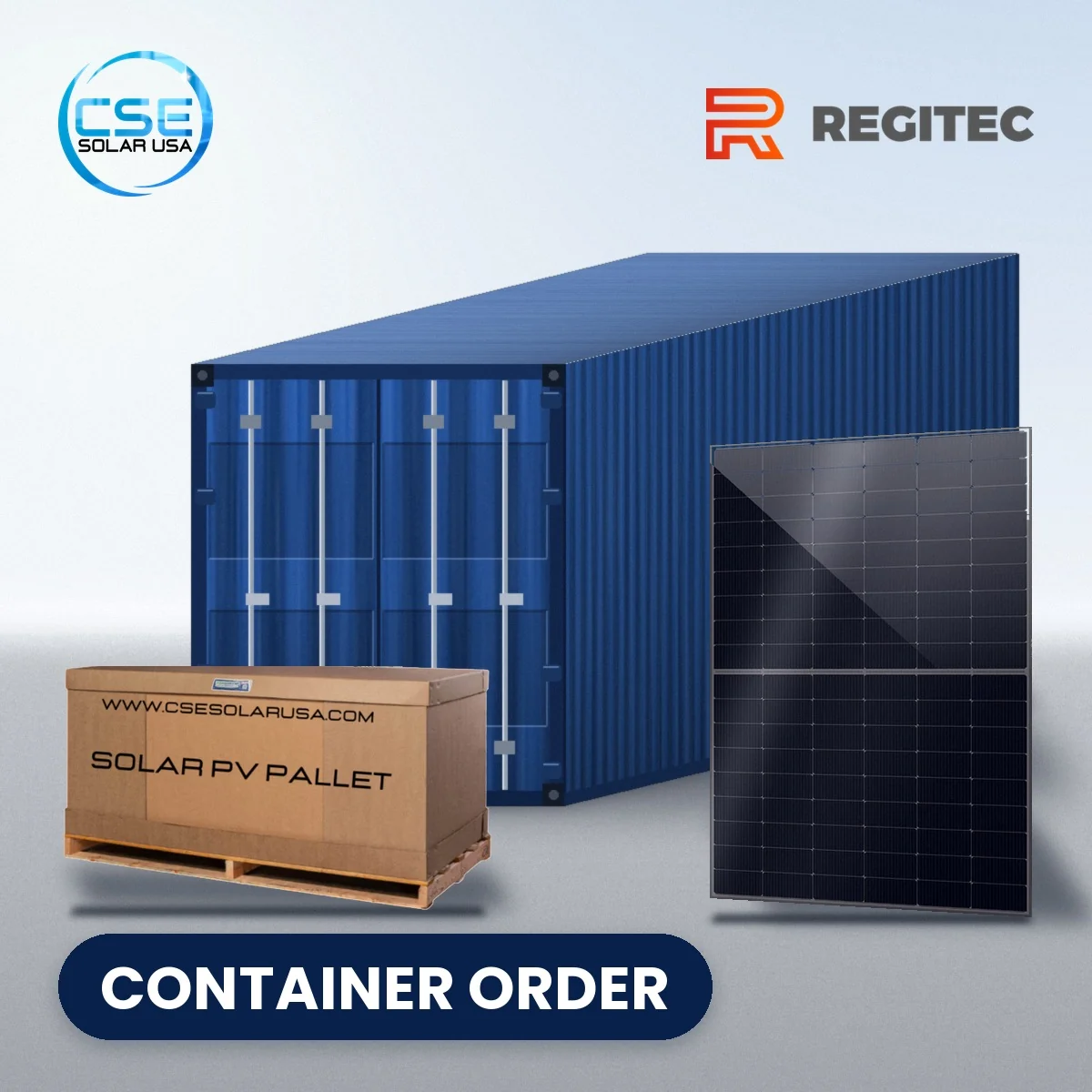 Regitec RMHT54 AB2 all-black glass-glass bifacial solar panel – container order Regitec RMHT54 AB2 all-black glass-glass bifacial solar panel with pallet and shipping container, container order, with CSE Solar USA and Regitec logos