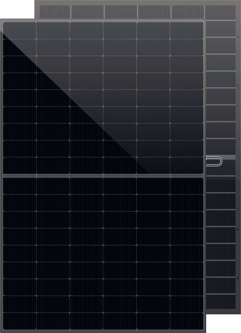 Regitec RMHT54 AB2 all-black glass-glass bifacial solar panel – official manufacturer image Regitec RMHT54 AB2 all-black glass-glass bifacial solar panel, official Regitec product image