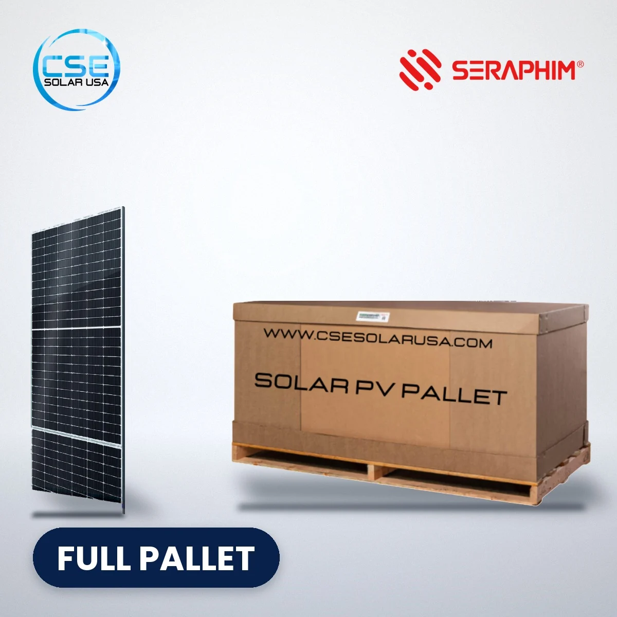 Seraphim Sable SRP-BTA-BG N-type TOPCon bifacial solar panel – full pallet Seraphim Sable SRP-BTA-BG N-type TOPCon bifacial solar panel beside a full pallet carton, with CSE Solar USA and Seraphim logos