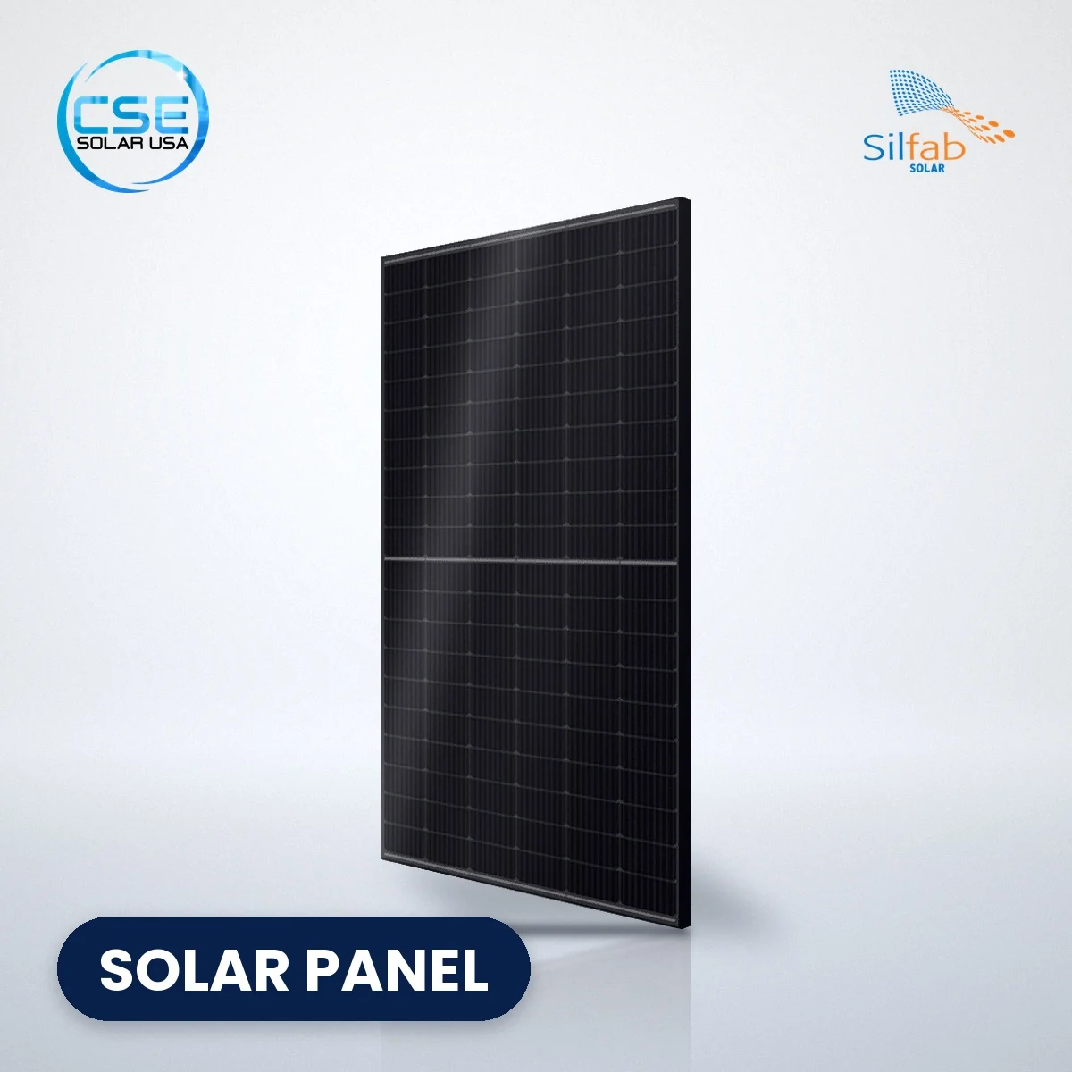 Silfab SIL-370-HC black-frame solar panel – panel listing Silfab SIL-370-HC black-frame solar panel, with CSE Solar USA and Silfab Solar logos