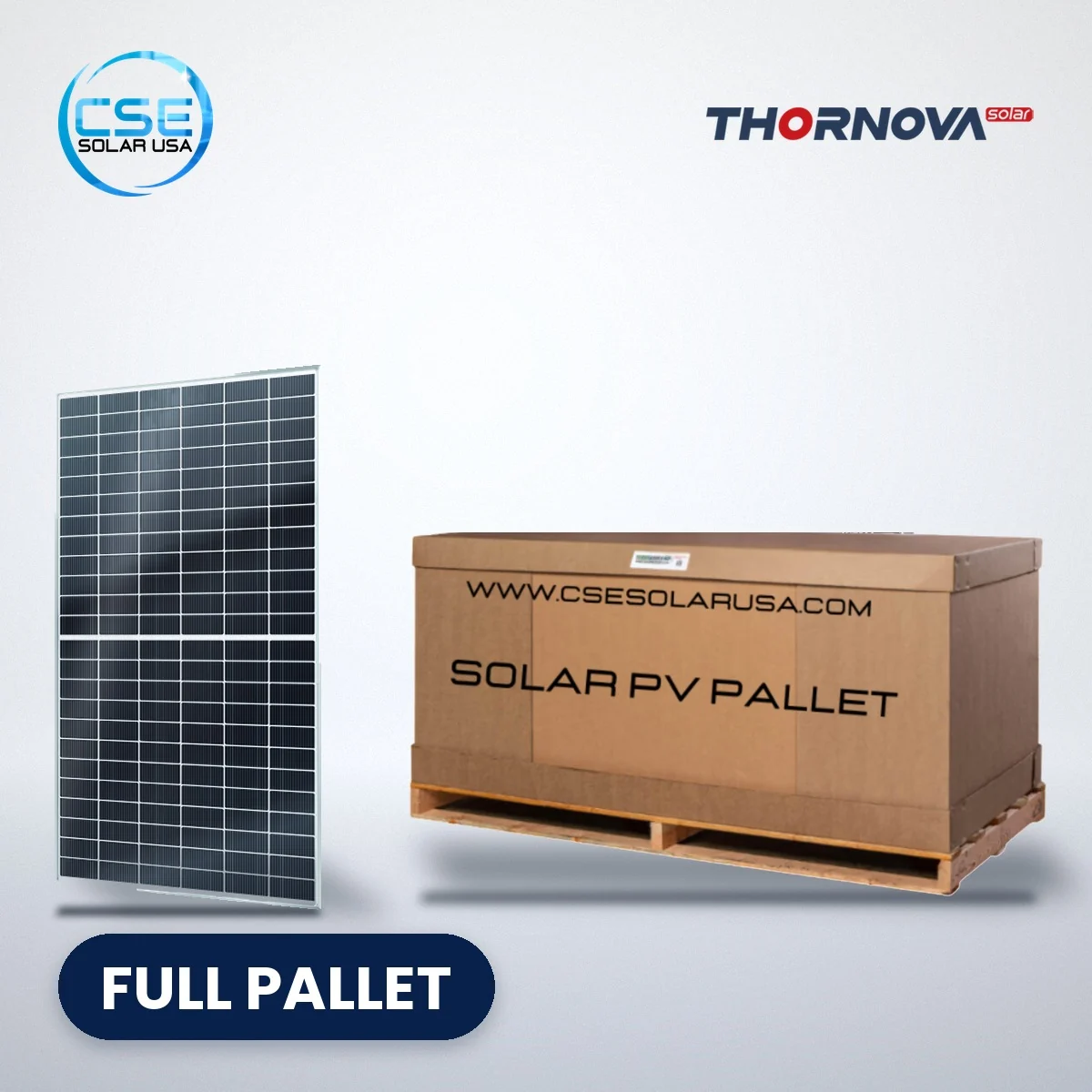 Thornova Tangra M Pro TS-BGT72 N-type bifacial solar panel – full pallet Thornova Tangra M Pro TS-BGT72 N-type bifacial solar panel beside a full pallet carton, with CSE Solar USA and Thornova logos