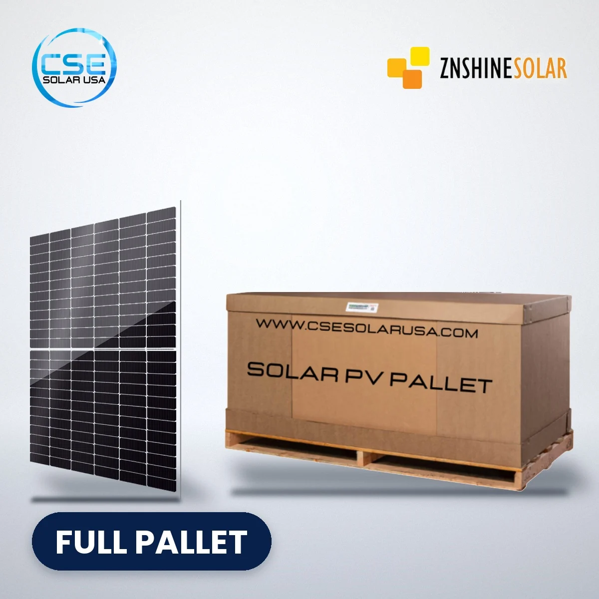 ZNShine ZXM7-UHLDD144 solar panels – full pallet ZNShine ZXM7-UHLDD144 bifacial solar panel beside a full pallet carton, with CSE Solar USA and ZNShine Solar logos