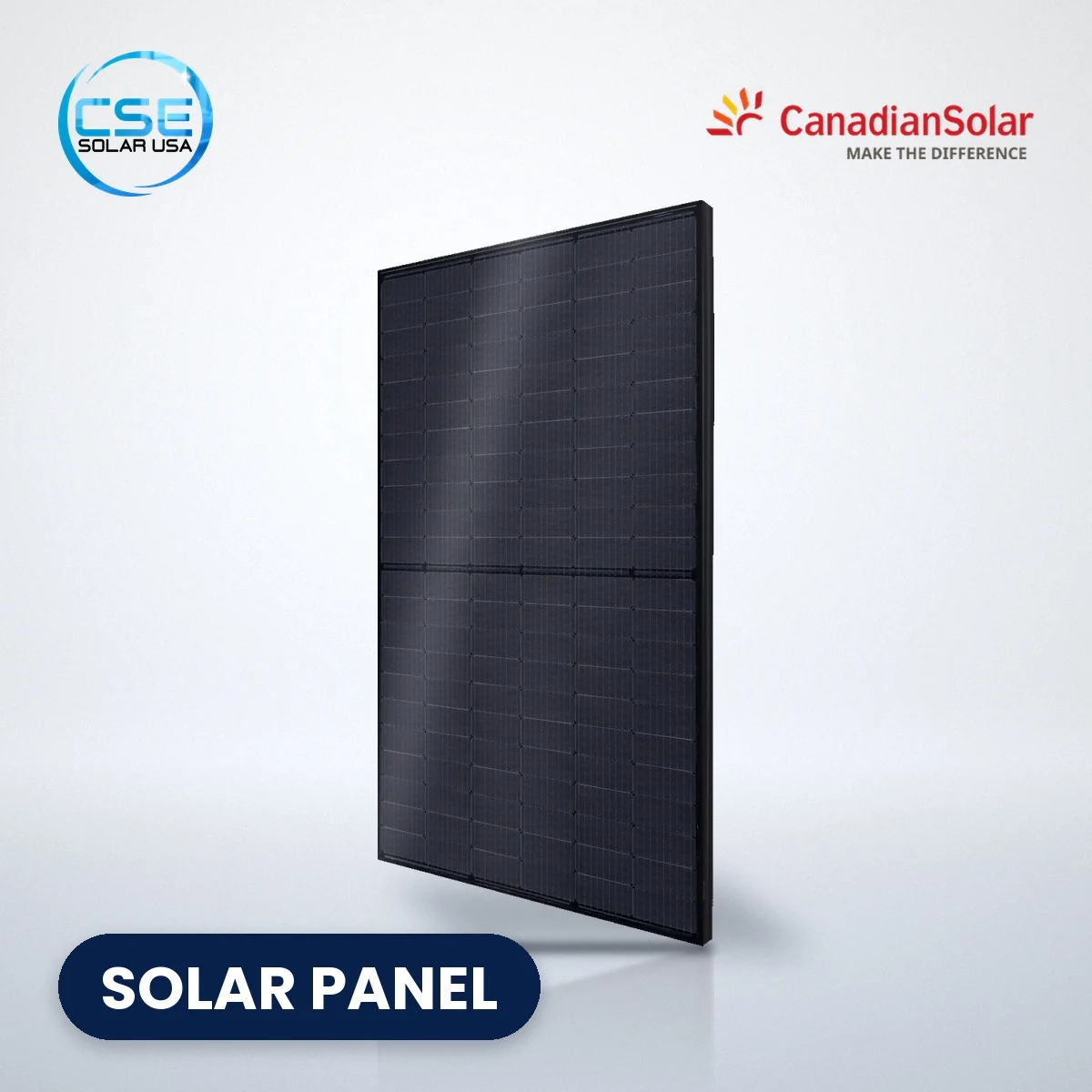 Canadian Solar HiKu Black CS3N-MS solar panel Canadian Solar HiKu Black CS3N-MS all-black solar panel with CSE Solar USA and Canadian Solar logos