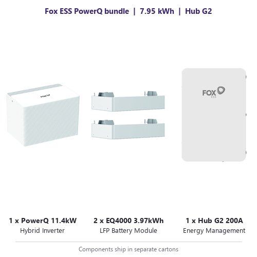 Fox ESS PowerQ Bundle with Two EQ4000 Batteries and Hub G2 Fox ESS PowerQ bundle contents: one 11.4kW hybrid inverter, two EQ4000 battery modules and one Hub G2 200A energy management system