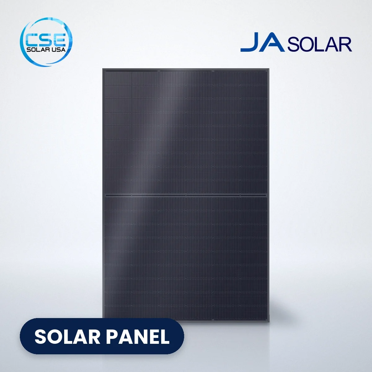 JA Solar JAM54D41-440/MB black solar panel JA Solar JAM54D41-440/MB all-black N-type solar panel with CSE Solar USA and JA Solar logos