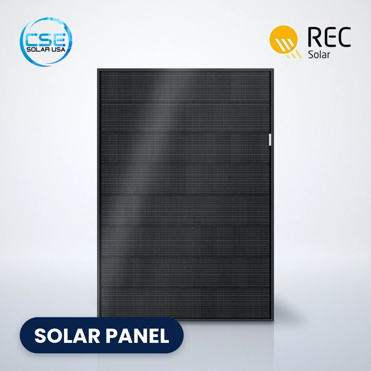 REC Alpha Pure-RX solar panel REC Alpha Pure-RX all-black solar panel with CSE Solar USA and REC logos