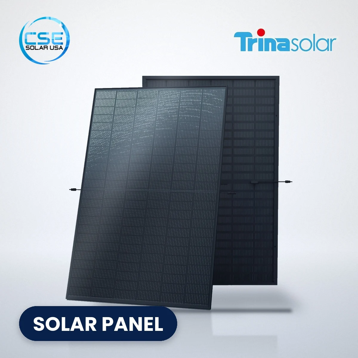 Trina Solar Vertex S+ TSM-NE09RC.05 all-black solar panel Trina Solar Vertex S+ TSM-NE09RC.05 all-black solar panel, front and back view, with CSE Solar USA and Trina Solar logos