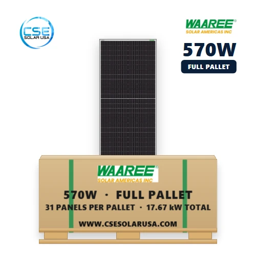 Waaree BiN-08-570 570W — Full Pallet of 31 (17.67 kW) | CSE Solar USA Full pallet of 31 Waaree BiN-08-570 570W solar panels (17.67 kW) from CSE Solar USA