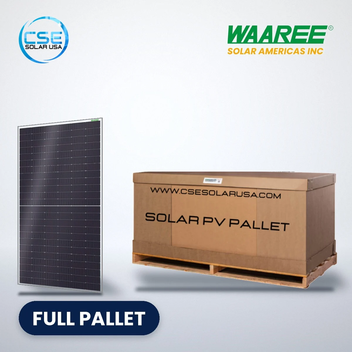 Waaree Elite Series BiN-08 N-type TOPCon bifacial solar panel – full pallet Waaree Elite Series BiN-08 N-type TOPCon bifacial solar panel beside a full pallet carton, with CSE Solar USA and Waaree logos