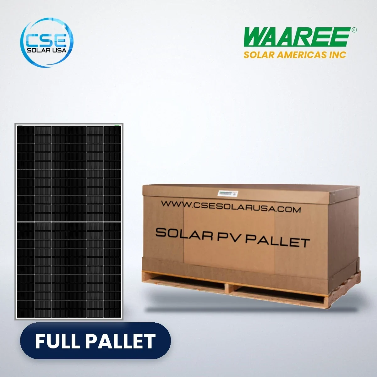 Waaree Elite R Series BiN-21 N-type bifacial solar panel – full pallet Waaree Elite R Series BiN-21 N-type bifacial solar panel beside a full pallet carton, with CSE Solar USA and Waaree logos