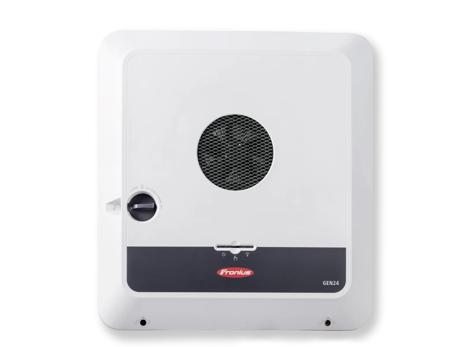 fronius-primo-gen24-5-0-208-240 Front view of the Fronius Primo GEN24 208-240 5.0 kW hybrid inverter showing the Fronius logo and the cooling ven