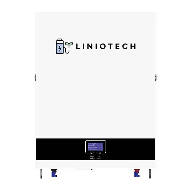 LINIOTECH 10 KWH Lifepo4 Power Reserve Power Wall Battery Front view of black and white Liniotech 10kWh LiFePO4 wall battery storage.