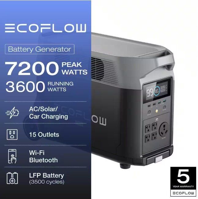 EcoFlow Battery Solar Generator DELTA Pro 3600Wh Solar, 3600W Output, LFP Power Station, Home Backup, Camping, Push-Button Start EcoFlow Battery Solar Generator DELTA Pro 3600Wh Solar, 3600W Output, LFP Power Station, Home Backup, Camping, Push-Button Start
