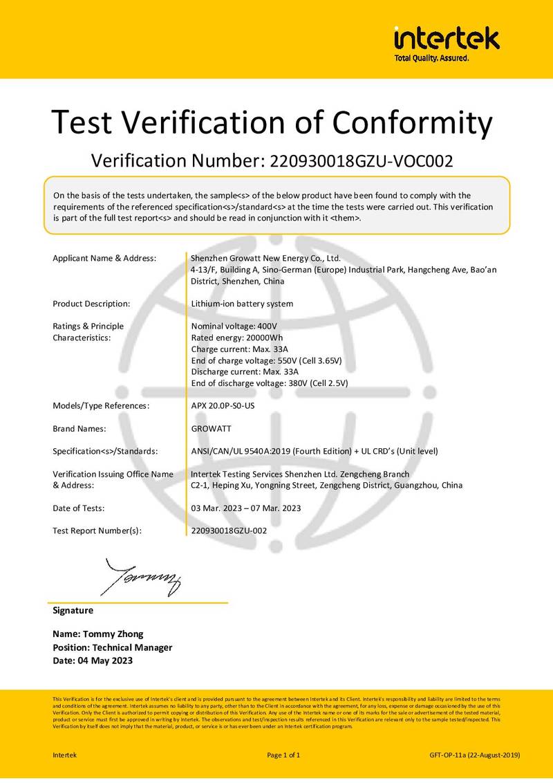 APX HV Battery UL9540A-1