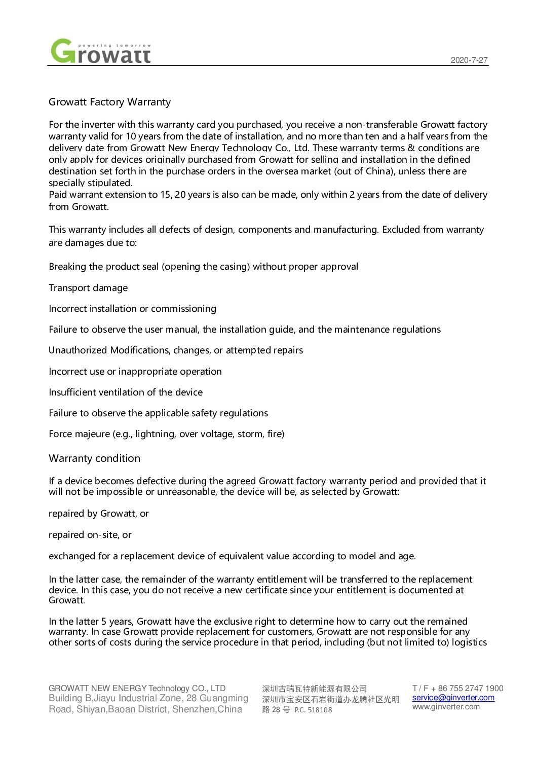 Growatt Inverter Warranty-10years